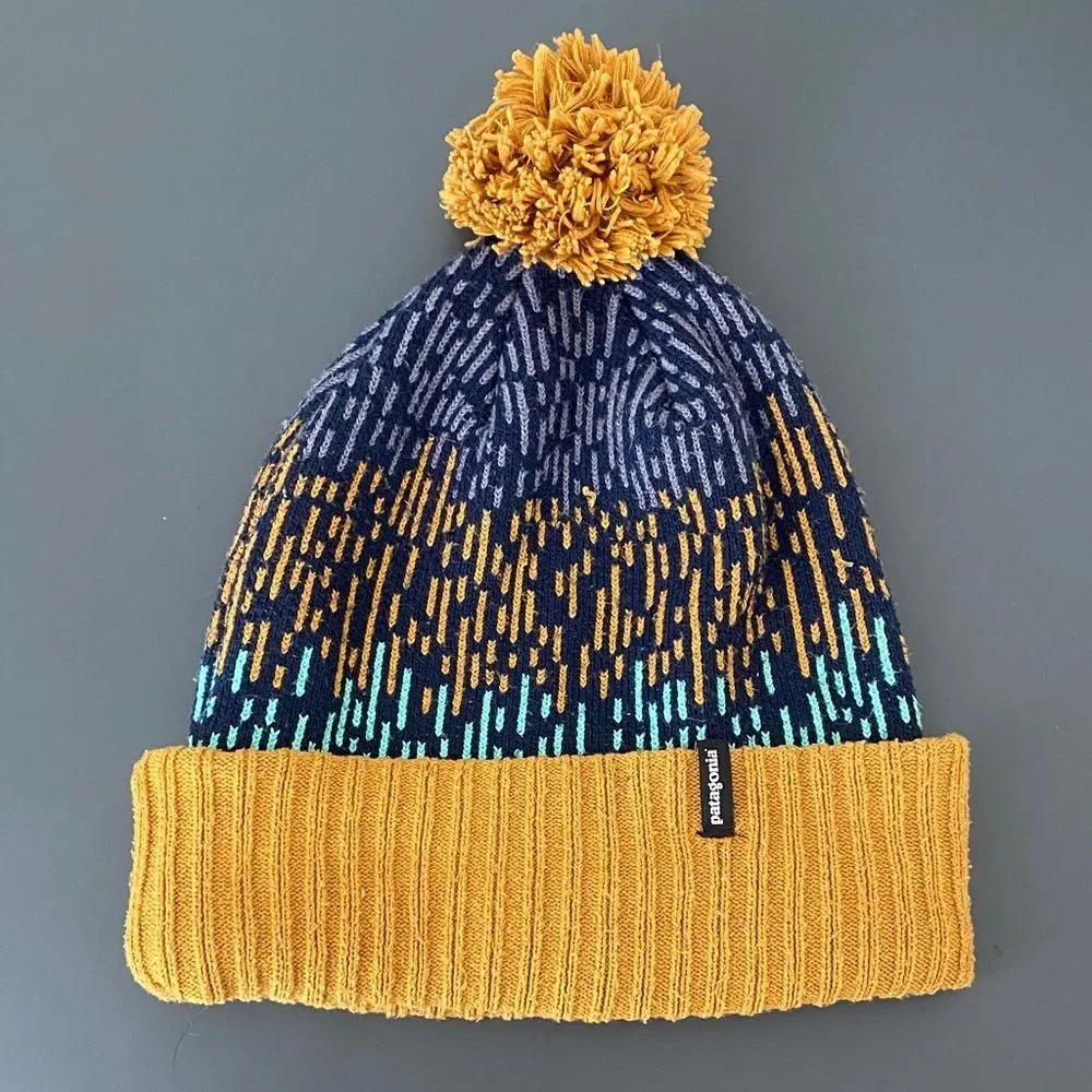 Patagonia Powder Town Beanie Blue Mustard Pom-Pom Unisex OS Outdoor Hiking Ski